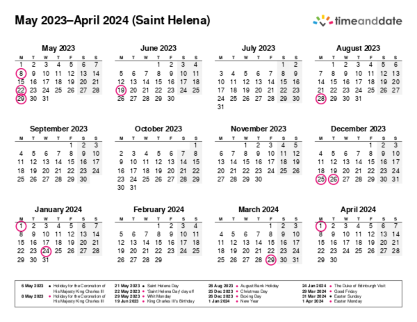 Calendar for 2023 in Saint Helena