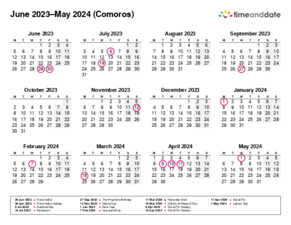 Calendar for 2023 in Comoros