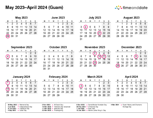 Calendar for 2023 in Guam
