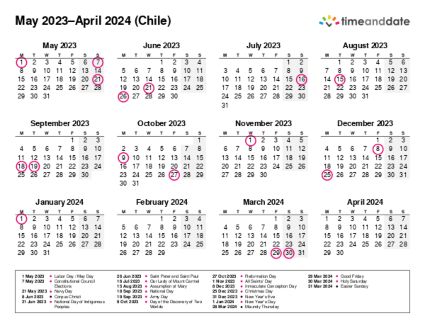 Calendar for 2023 in Chile