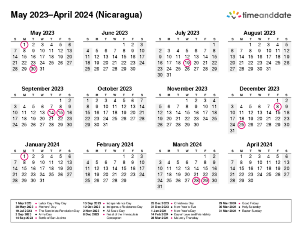 Calendar for 2023 in Nicaragua