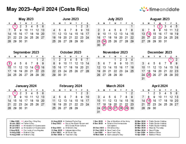 Calendar for 2023 in Costa Rica