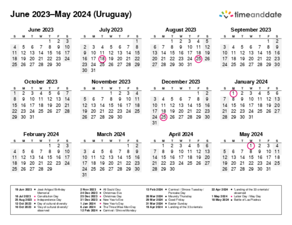 Calendar for 2023 in Uruguay