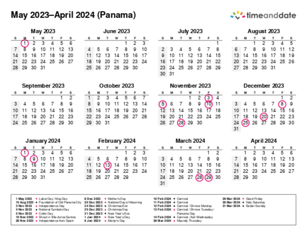 Calendar for 2023 in Panama