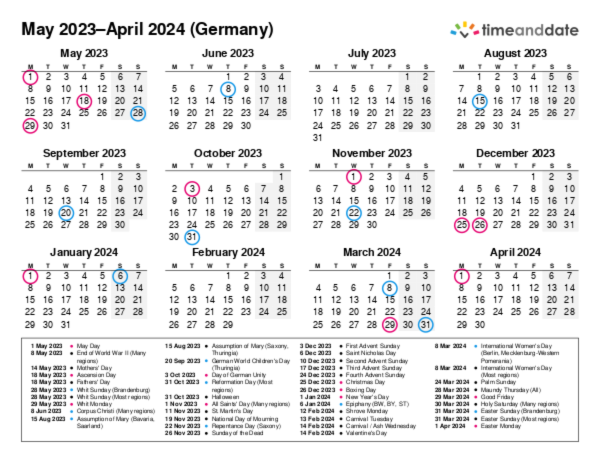 Calendar for 2023 in Germany