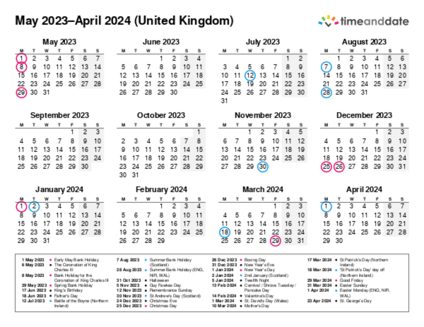 Calendar for 2023 in United Kingdom