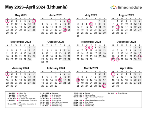 Calendar for 2023 in Lithuania