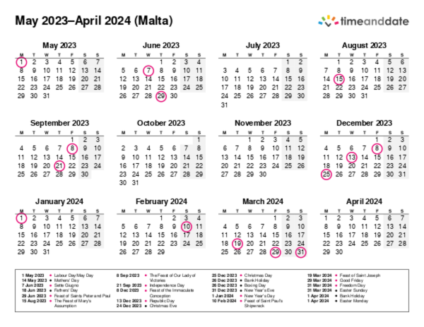 Calendar for 2023 in Malta
