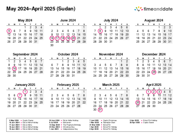 Calendar for 2024 in Sudan