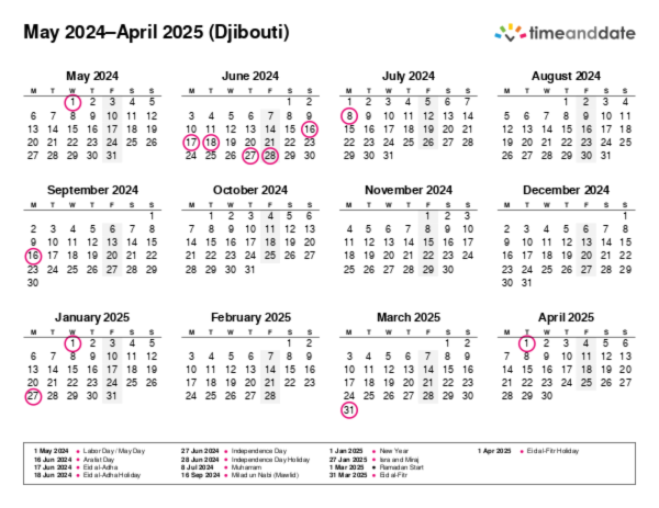 Calendar for 2024 in Djibouti