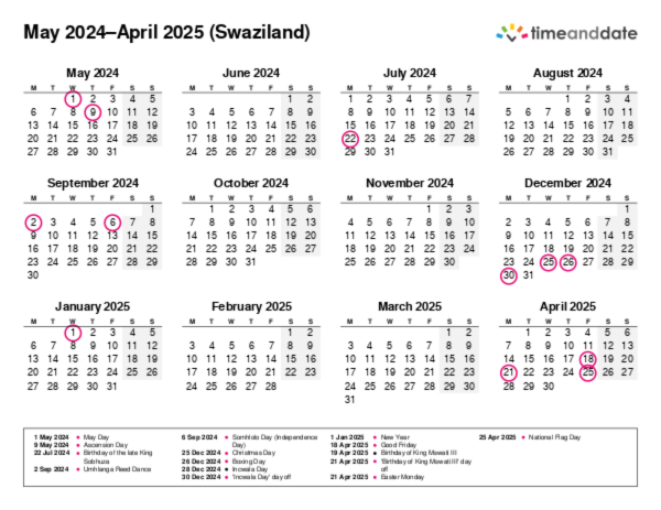 Calendar for 2024 in Swaziland