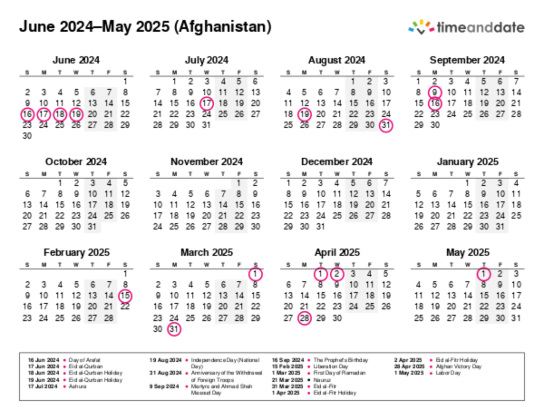 Calendar for 2024 in Afghanistan