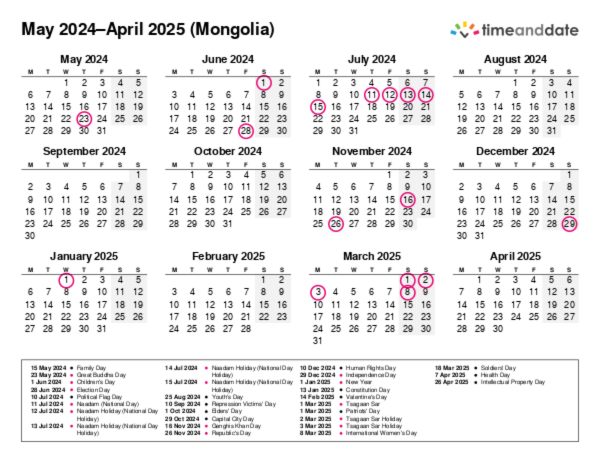 Calendar for 2024 in Mongolia