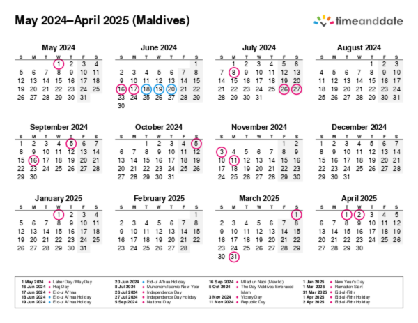 Calendar for 2024 in Maldives