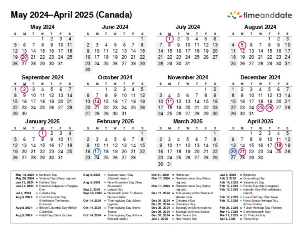 Calendar for 2024 in Canada