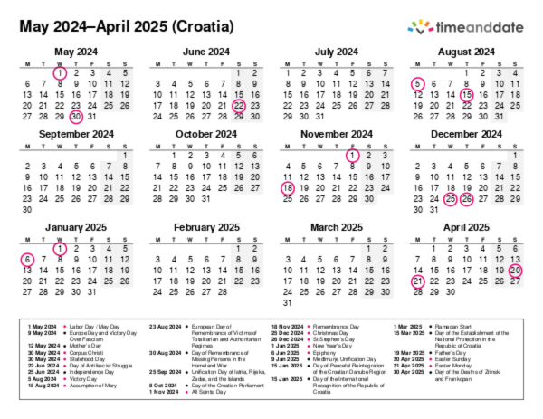 Calendar for 2024 in Croatia
