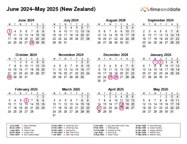 Calendar for 2024 in New Zealand