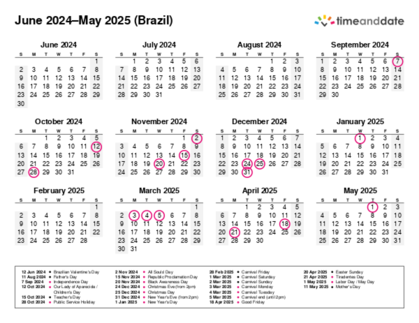 Calendar for 2024 in Brazil