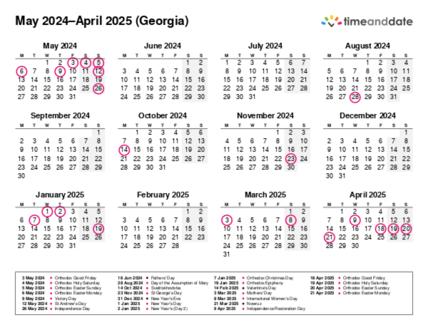 Calendar for 2024 in Georgia