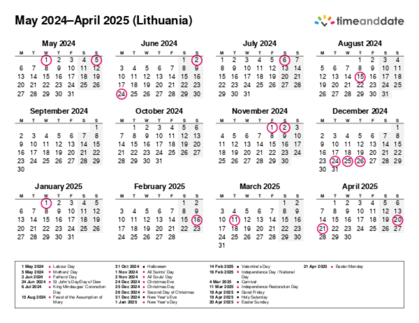 Calendar for 2024 in Lithuania