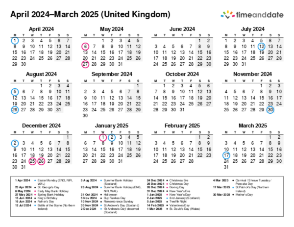 Calendar for 2024 in United Kingdom